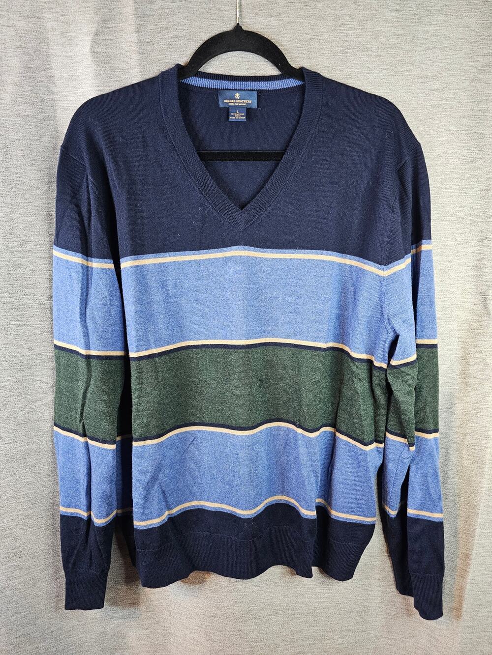 Brooks Brothers 100% Extra Fine Merino Wool V Neck Sweater Sz LG Blue colorblock